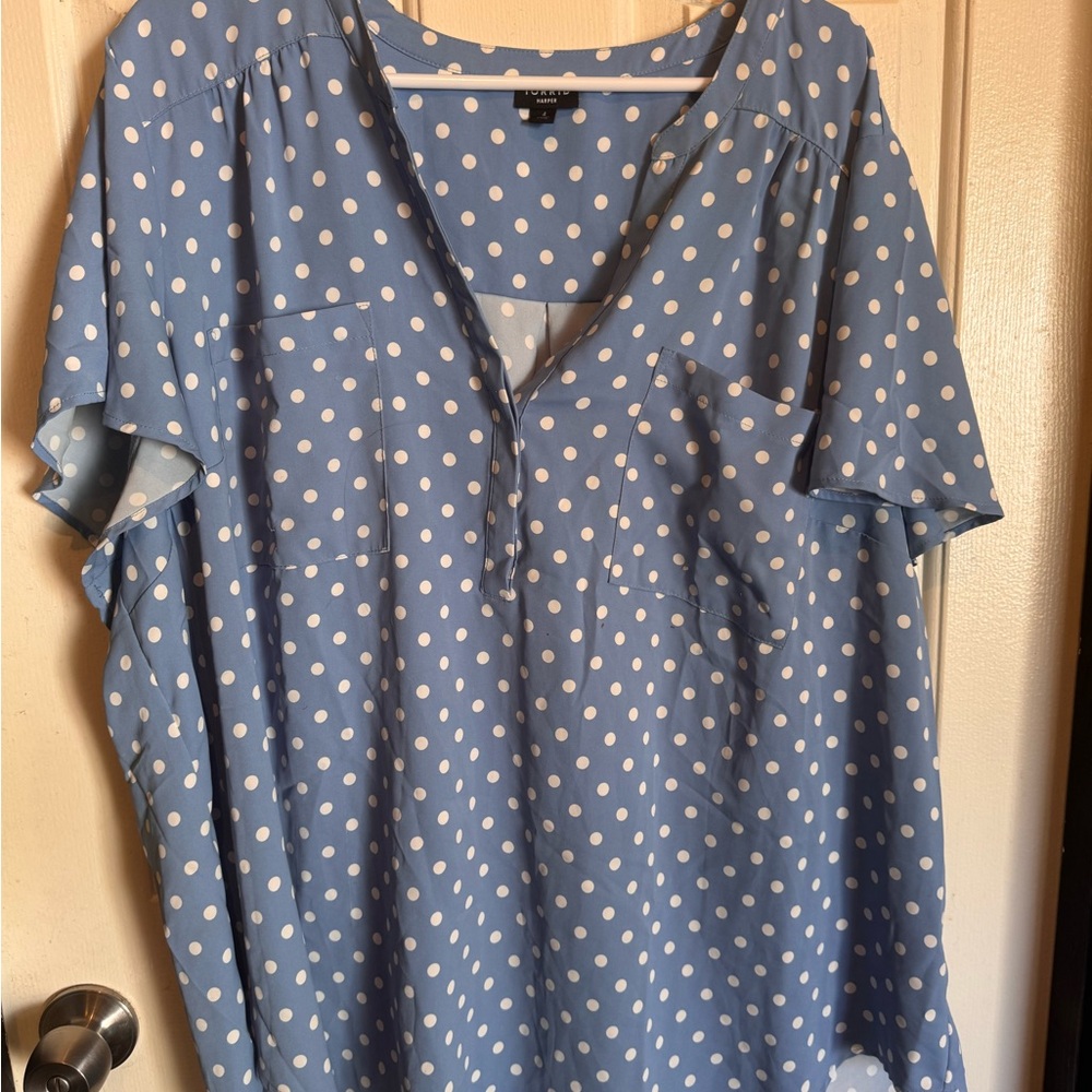 Torrid Blue and White Polka Dot Blouse
